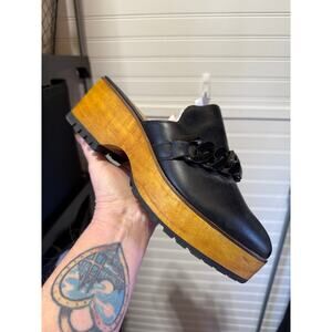 NWOT Kelsi Dagger Brooklyn Leather Wood Platform Clogs W/ Chain Detail Size 9.5